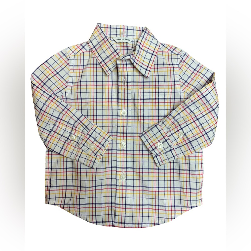Janie And Jack Baby Boys Size 6-12 Months Dress Shirt Button Up White Plaid
